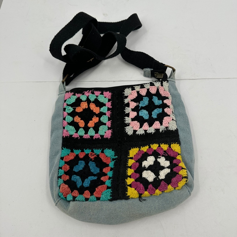 Crochet Granny‎ Square Denim Patchwork Shoulder Bag Purse Applique Cottagecore